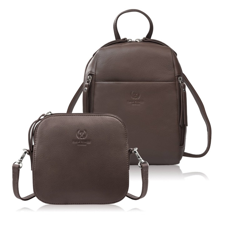 Set cadou cu rucsac din piele pentru femei Ay-26 si geanta mica de umar Ay-24, maro Paolo Peruzzi Zup-158-Br