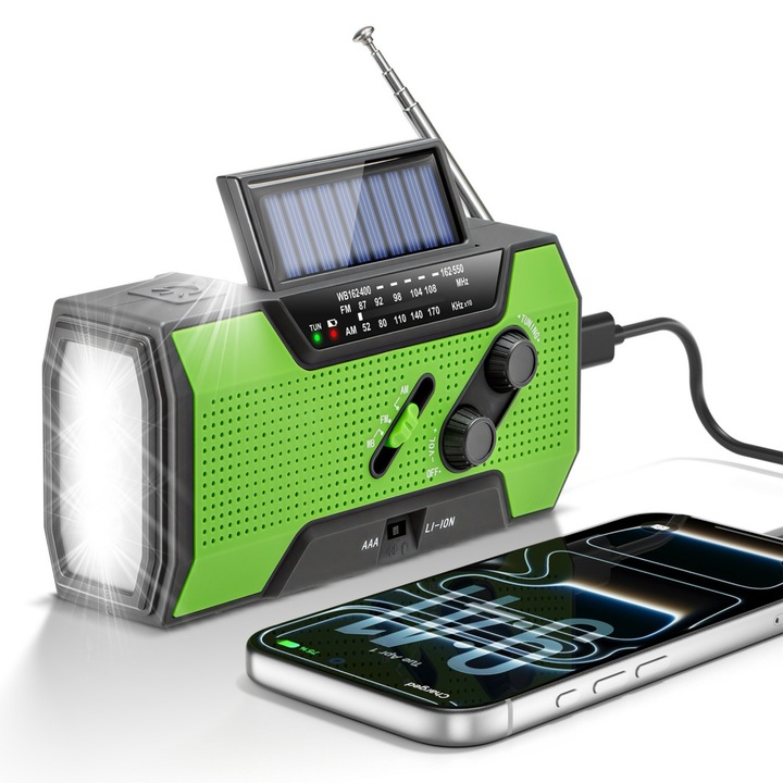 Мултифункционално радио с ръчна манивела, преносимо, с SOS функция за спешни случаи, ръчно регулиране, размери 15, 7 × 7, 4 × 5, 3 см, включва фенерче