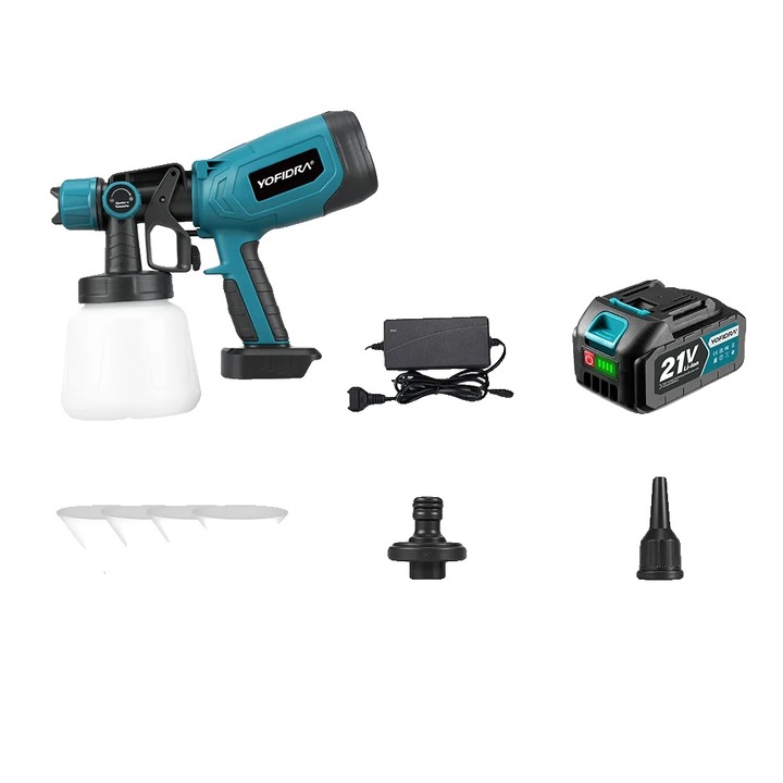 Pistol de vopsit electric, 1000ML capacitate, 1 baterie, 500ml/min debit maxim, 66000 RPM viteza motor