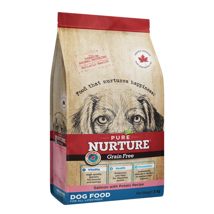 Hrana pentru caini de toate varstele Pure Nurture Grainfree, cu somon si cartofi, 3kg