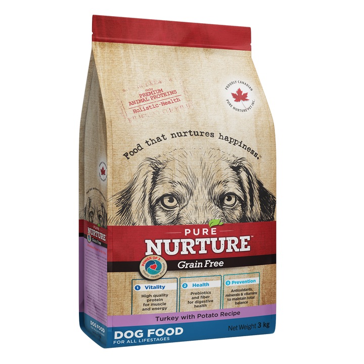 Hrana pentru caini de toate varstele Pure Nurture Grainfree, cu cartofi si curcan, 3kg