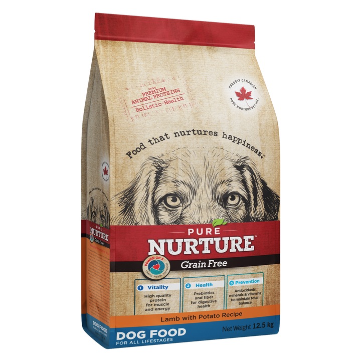 Hrana pentru caini de toate rasele si varstele Pure Nurture Grainfree, cu miel si cartofi, 12.5kg