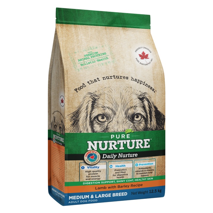 Hrana pentru caini de talie medie si mare Pure Nurture, cu orz si miel, 12.5kg