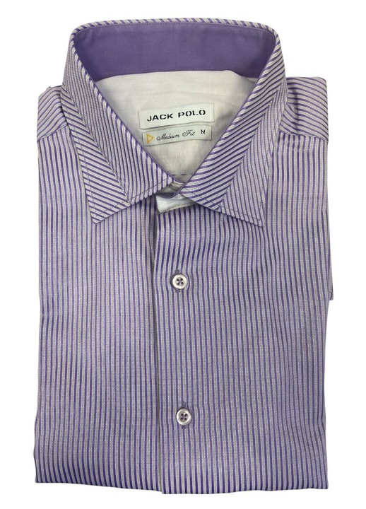 Férfi ing, lila fehér csíkos, rövid ujjú, pamut-poliészter, M-es méret – medium fit