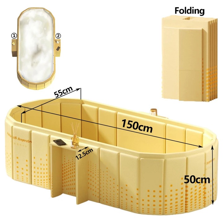 Сгъваема вана, преносим дизайн, издръжлив материал, жълт, 150x55x50cm