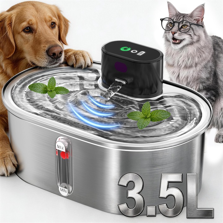 Fantana Apa Pisici si Caini, HEAXEHNO™, 3.5L Dispenser Automat cu Capac pentru Animale, Apa cu senzor infrarosu, Touchscreen, Filtrare multipla, Model inteligent fara fir, Autonomie lunga