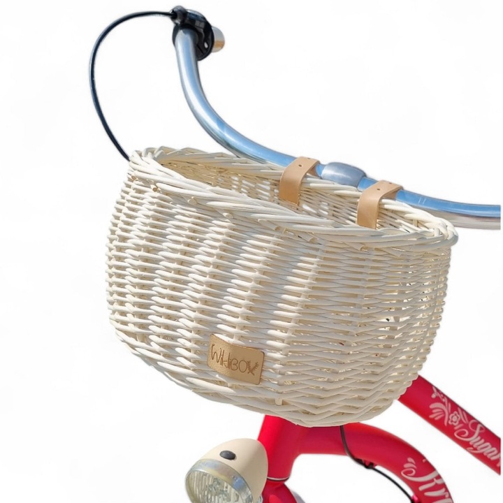 Cos de bicicleta din ratan pentru copii, Wiklibox, ecru, 26x19x14cm, set cu curele de prindere