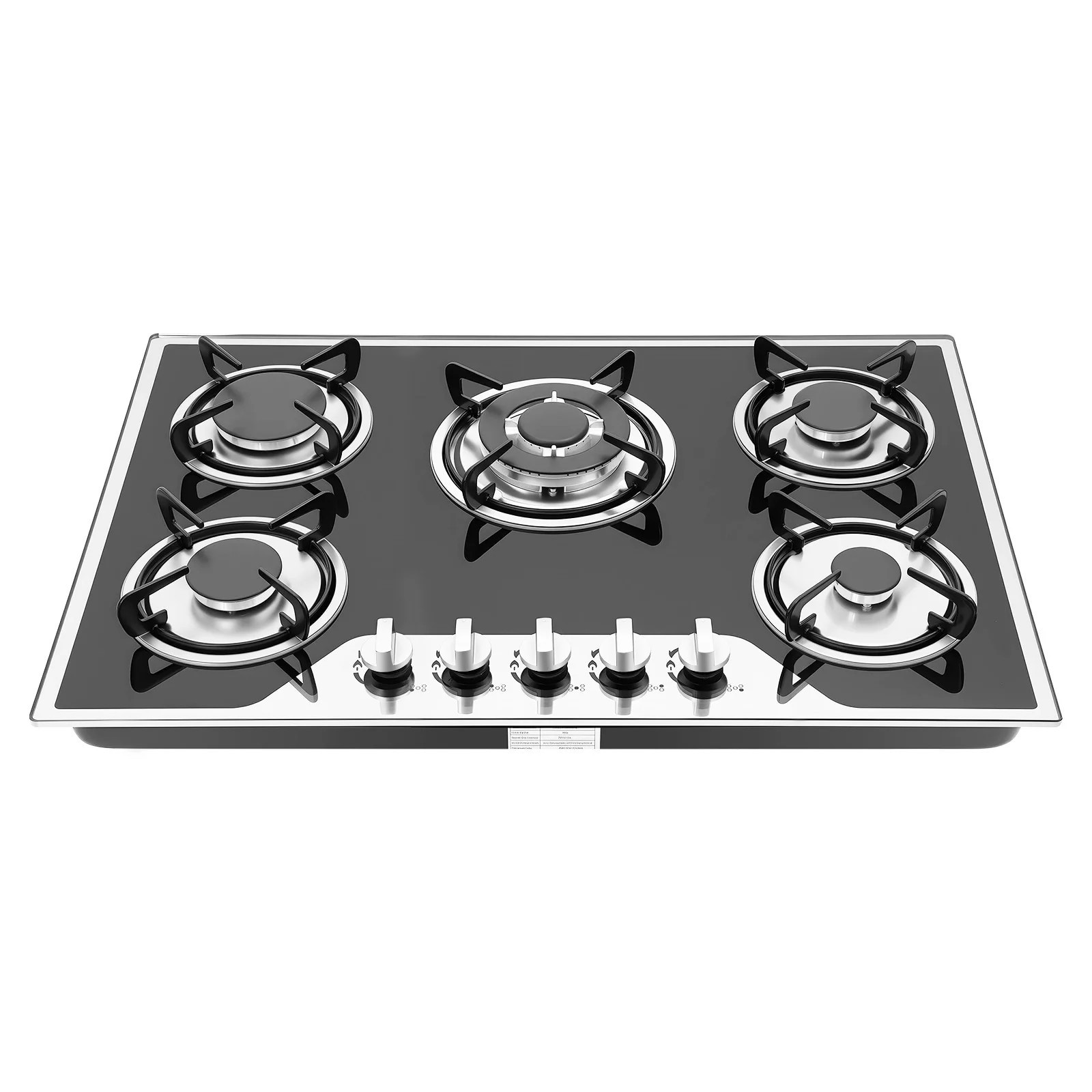 Plită gaz 5 arzătoare, neagră, sticlă acoperită, 77, 5x51x6, 5 cm, aprindere electrică