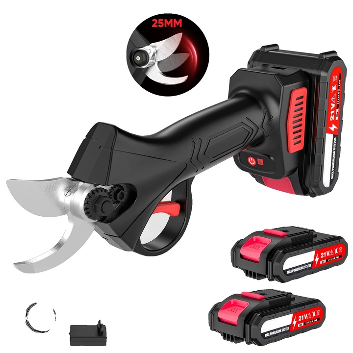 Foarfeca electrica pentru gradinarit, 2 baterii, motor fara perii, design fara fir, neagra