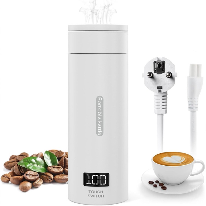 Fierbator de calatorie FooFoony mic, fierbator portabil pentru calatorii, cana de apa electrica, termos 220 V/300 W, captuseala din otel inoxidabil 304, 4 presetari variabile, cu oprire automata, 500 ml, Alb