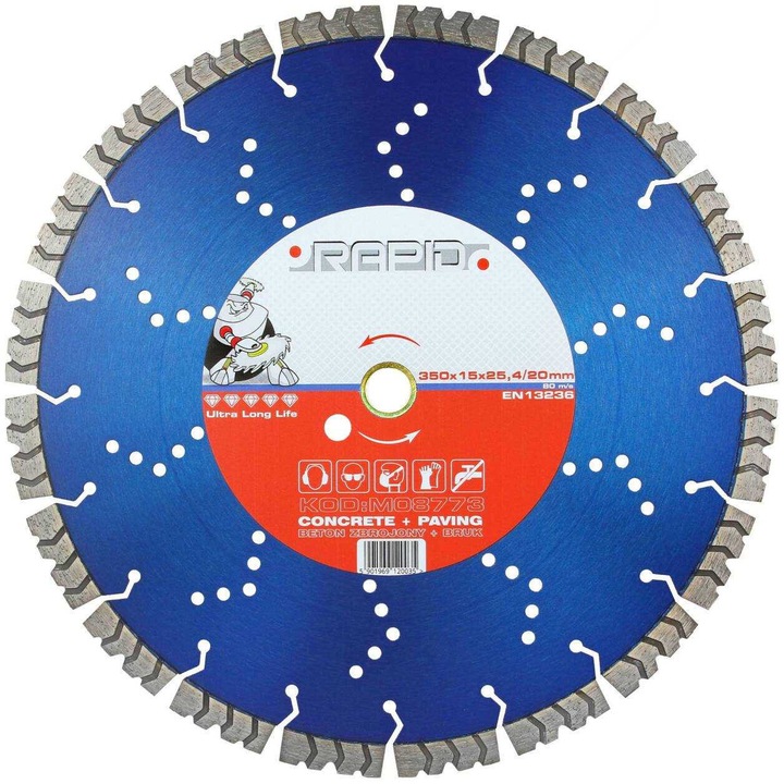 Disc diamantat 350mm, MAR-POL, pentru gresie si beton, inaltime diamant 15mm, deschidere 25,4/20mm
