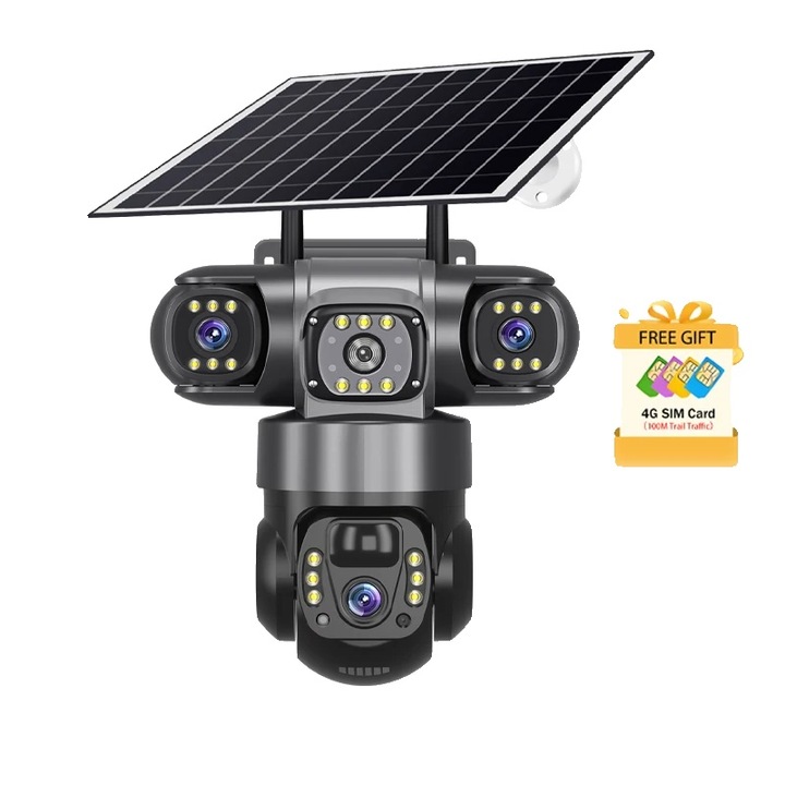 4G камера за наблюдение, дизайн с три обектива, хуманоидно засичане, соларно захранване, комплект 64G