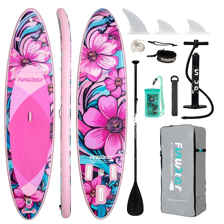 Placa de Stand Up Paddle, design stabil, suport pentru camera de actiune, model cu flori tropicale, 335x84cm