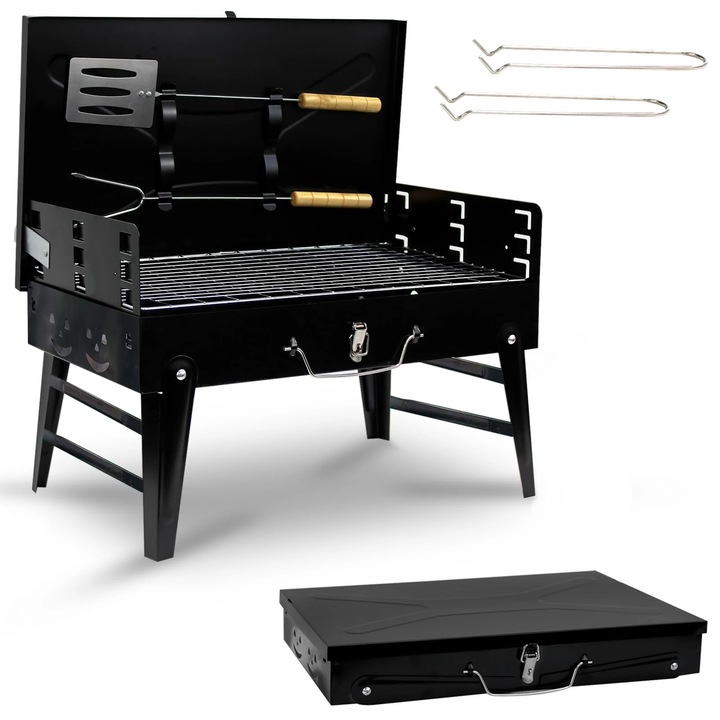Faszén BBQ grill, Hordozható összecsukható mini, Vas, Grillező eszközökkel, Kempingezéshez és piknikhez, Gyújtóeszköz nélkül, Fekete