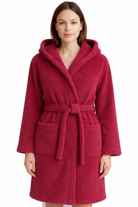 Halat de baie Cocolino cu gluga si buzunare, Modis, Pufos, calduros, confort premium, Visiniu, L-XL INTL