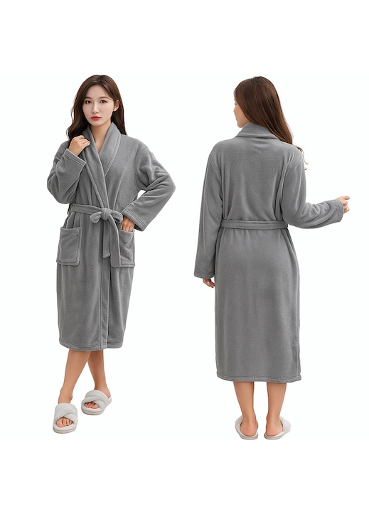 Halat de baie dama, Zola, marime universala, lungime 110 cm, moale si calduros, cordon talie, 2 buzunare, poliester, gri