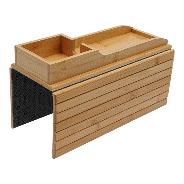 Tava de servire pentru bratul canapelei, design ergonomic, bambus, cu suport pentru cana