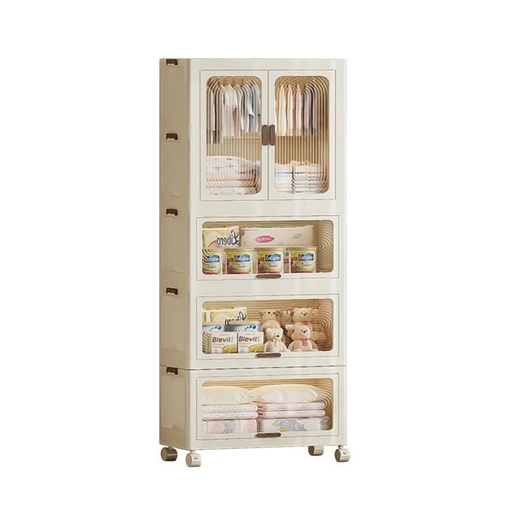 Tárolódoboz, Műanyag rendszerező, 70 cm széles, Rakásolható, Összecsukható, Mágneses ajtó, Fedéllel, Kerekekkel, Szerszámmentes összeszerelés, Bézs