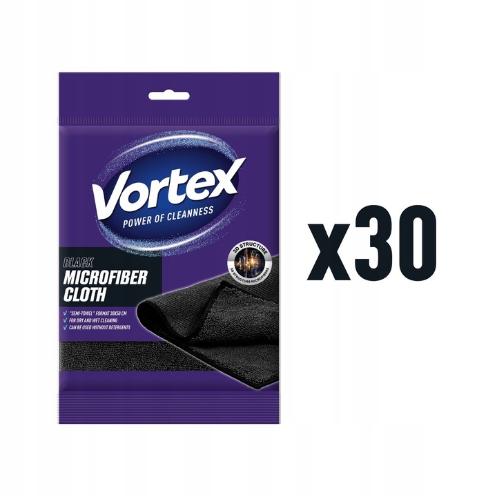 Laveta de curățat microfibra, Vortex, set de 30 bucăți, 30x50cm, negru, utilizare umedă și uscată