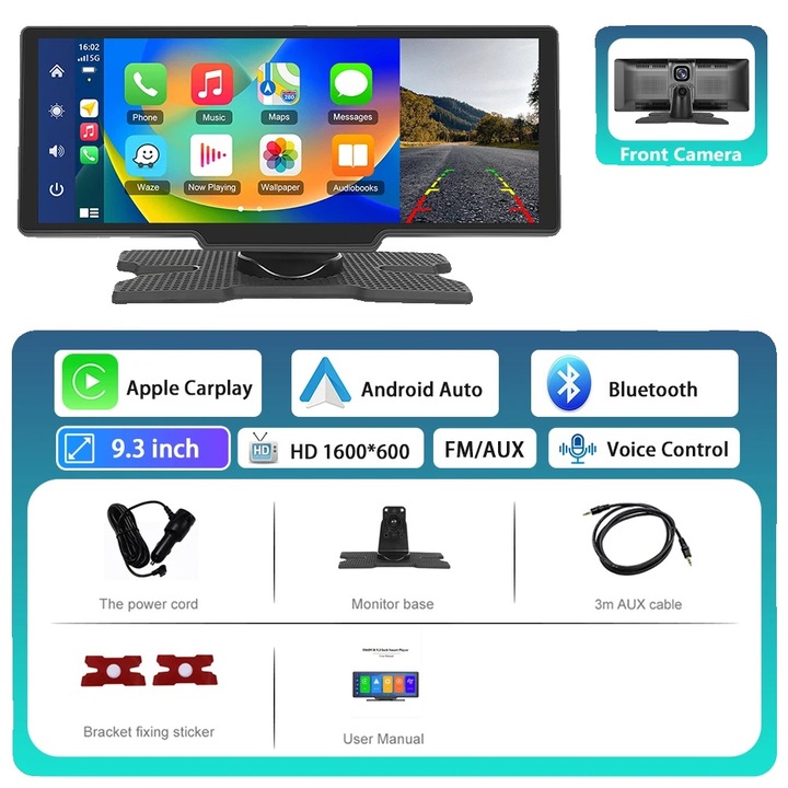 Radio auto, 9.3 Front CAM, Wireless CarPlay, Android Auto, 9.3 inch, 1600x600, cu microfon integrat
