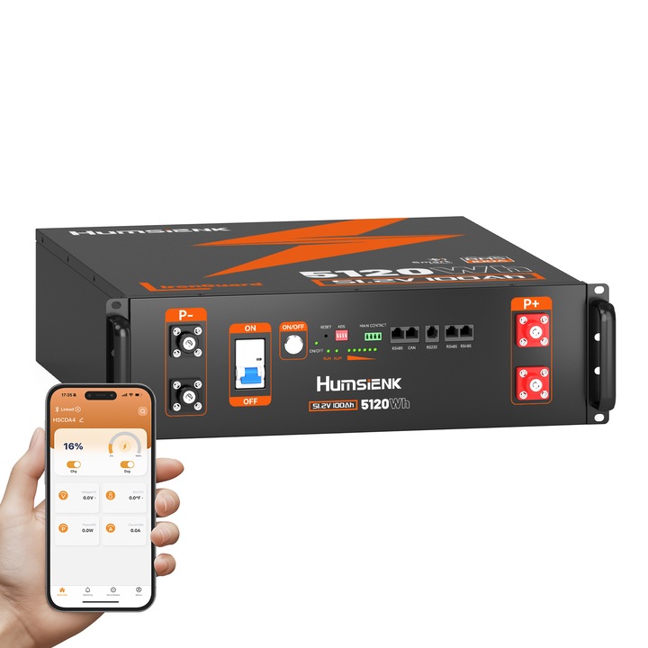 HumsiENK 48V 100Ah LiFePO4 Baterie litiu 3U Rack server cu Bluetooth, echilibrare activa si celule BYD, 100A BMS, peste 15000 de cicluri profunde pentru sistem solar off-grid, stocare energie casnica