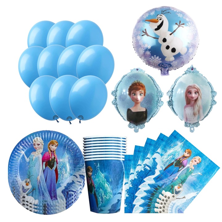 Set de ziua de naștere Frozen, Show, baloane din latex și folie, veselă din hârtie, albastru, 16 piese