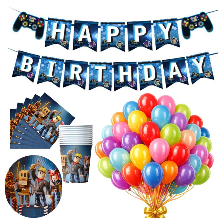 Set petrecere aniversare Roblox, farfurii, pahare, servetele, baloane, multicolor
