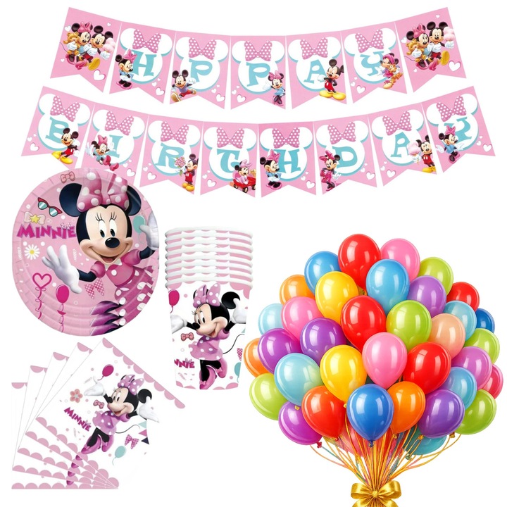 Set aniversar Minnie Mouse, banner, farfurii, pahare, servetele, baloane, roz, multicolor