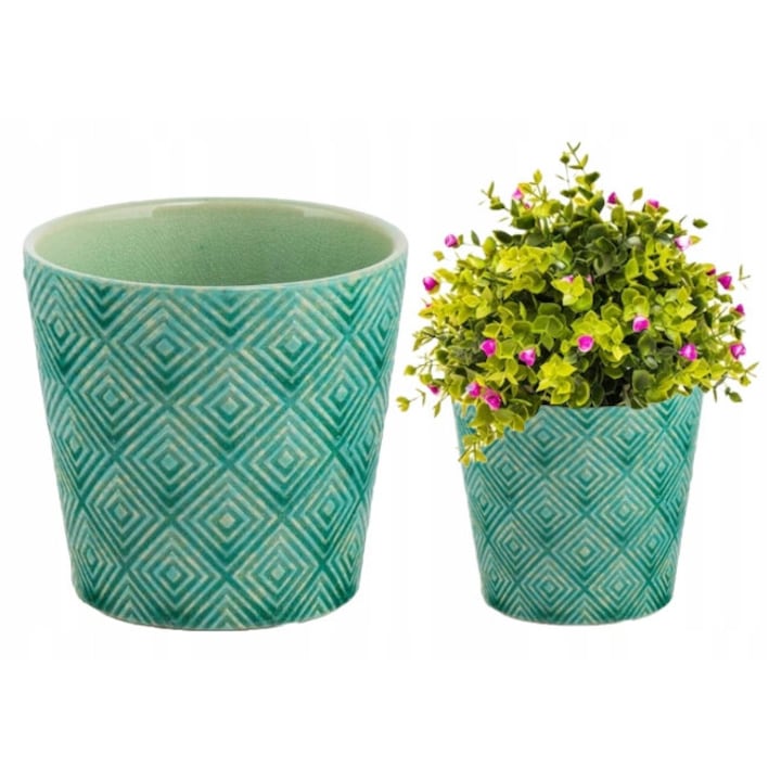 Oslonka ceramica Polnix, verde, 13,5x13cm, forma rotunda, fara orificiu de drenaj