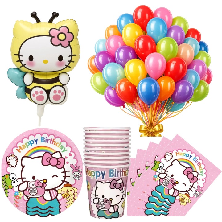 Set decoratiuni Hello Kitty, 1 balon folie mare, 25 baloane latex, 10 farfurii, 10 pahare, 20 servetele, multicolor