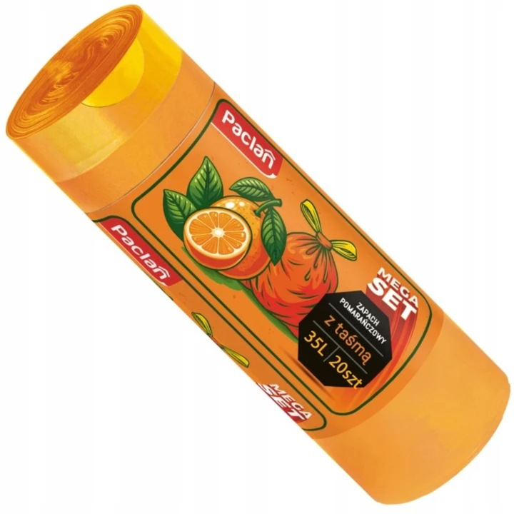 Set saci menajeri Paclan 35L, portocalii, extra puternici, parfumati, cu banda de strangere, 20 buc.