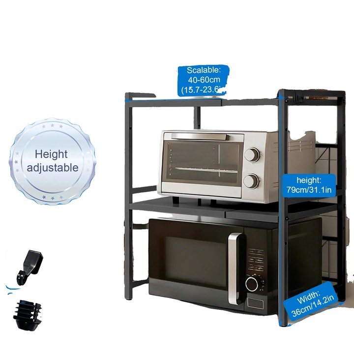 Mikrohullámú sütő állvány, kihúzható kivitel, robusztus vas szerkezet, fekete, 3 szint, állítható méretek 40x60cm