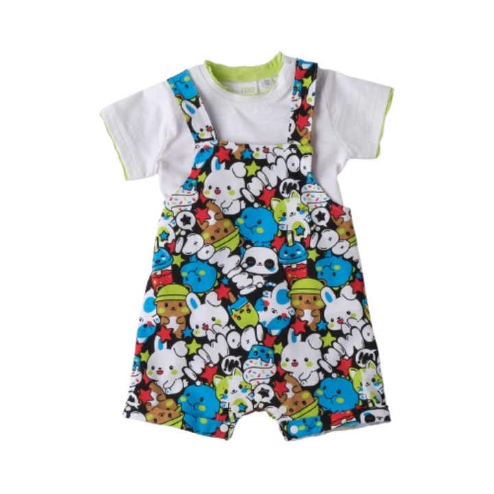 Compleu bebe iDO din bumbac cu tricou si salopeta cu imprimeu multicolor
