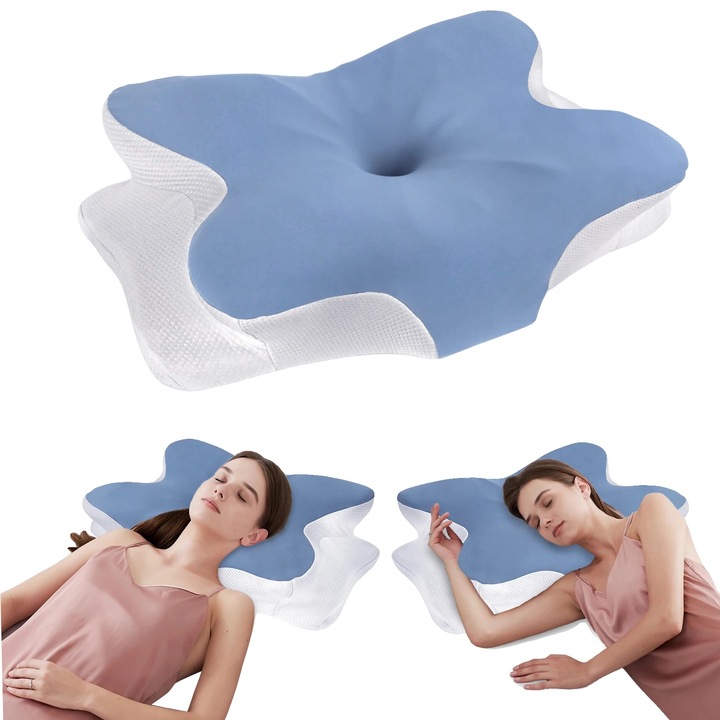 Perna ergonomica din spuma cu memorie, albastru-alb, 63x42.5x9/13.8cm, set de perne