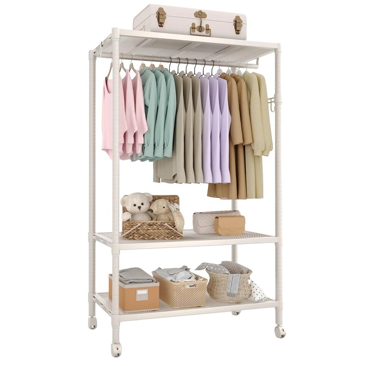 Hordozható ruhaállvány, fehér, fém, állítható méretek