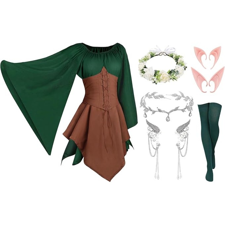 Rochie renascentista pentru femei cu corset si maneci clopot – costum traditional irlandez, XL