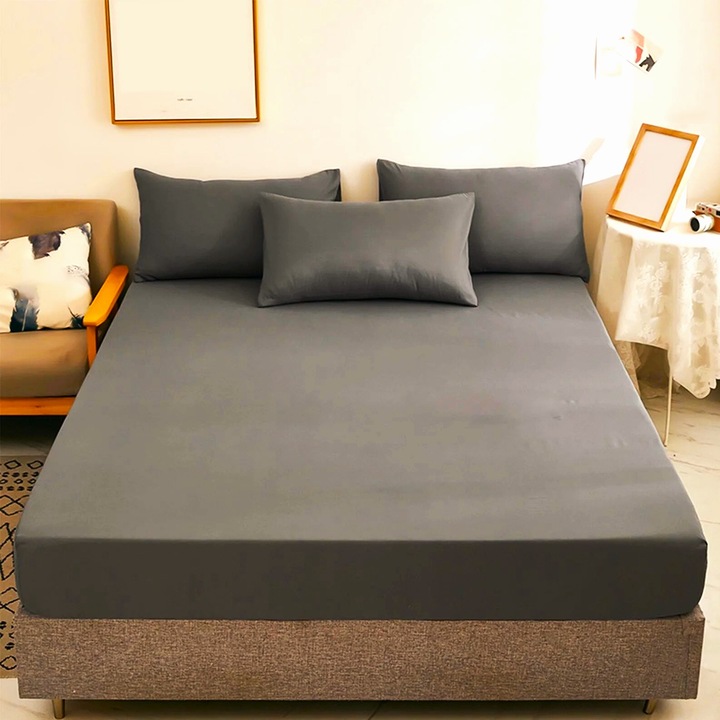 Husă pat Kotonia Home, bumbac ranforce, gri antracit, 90x200+20 cm, cu elastic