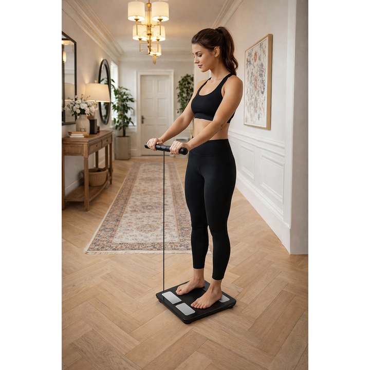 Cantar Analitic SMART idealSTORE, Analiza Corporala BMI, Greutate Corporala, Aplicatie Mobila, Wifi, Bluetooth, 8 Electrozi, Display LCD, Capacitate Maxima 180KG, Alimentare cu Baterii, Design Modern, Material Premium, Negru