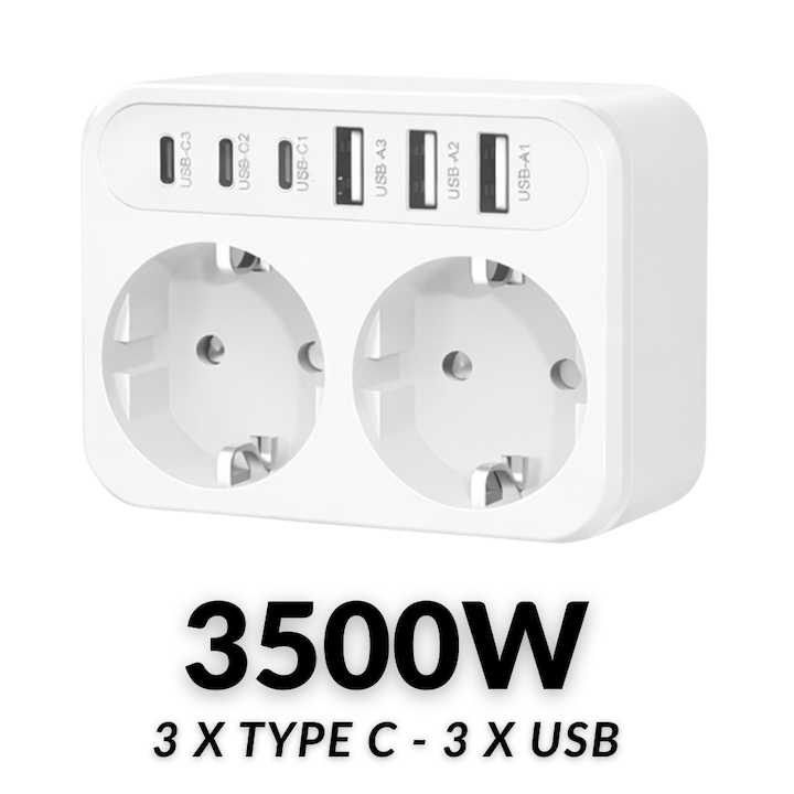 Prelungitor Stecher Dublu Techone® Hub, 3500W, 15A, 2 Prize Normale Schuko, 3 USB, 3 USB Type C, Cupru, Ignifug, Functie Extensie Priza, Alb