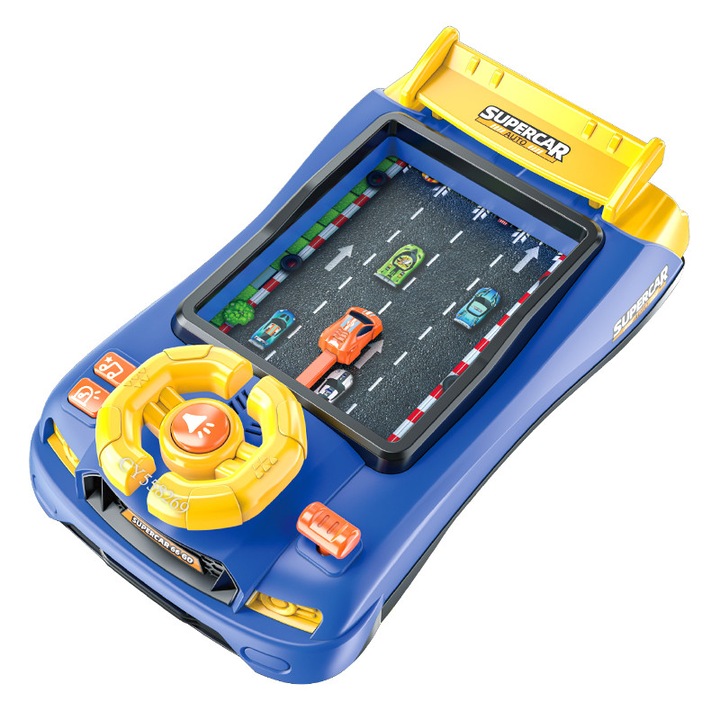 Simulator de masina pentru copii, Visuron, volan interactiv si sunete dinamice, plastic, 42x24x11.5cm, albastru/galben, 3 ani+