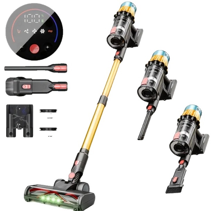 Вертикална безжична прахосмукачка, комплект, висока всмукателна мощност, удължен живот на батерията, 29.6V, 650W, 3-4 режима на работа