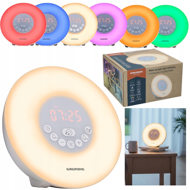 Rádiós ébresztőóra, Grundig, Wake Up Light, napfelkelte szimuláció, Bluetooth 5.2, FM rádió, 10 fényerő szint, 1800mAh akkumulátor, fehér