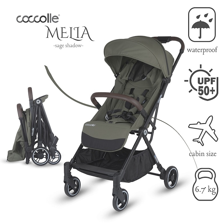 Carucior sport autofold Coccolle Melia, Cadru aluminiu anodizat, Copertina XXL cu protectie UV 50+, Garda la sol mare, Ramane in pozitie verticala dupa pliere, certificat pana la 22 kg, Sage Shadow