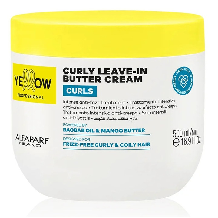 Yellow Curls Curly Butter Cream – Tratament Leave‑In Anti‑Frizz pentru Par Cret sau Ondulat cu Protectie Termica 500 ml