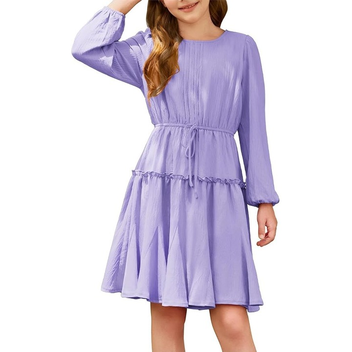 Rochie A-Line pentru Fete cu Maneci Lungi si Talie Elastica – Rochie Casual Eleganta din Poliester, Stil Modern pentru Scoala, Iesiri si Evenimente, Lila, Marimea 152-162 cm, 14 Ani