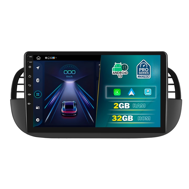 Navigatie Fiat 500 ( 2007–2015 ), MaxTech® PRO SERIES, 2 GB Ram 32 GB Rom, Carplay & Android auto, Ecran 9” HD Touch, GPS, Wifi, Bluetooth, Radio, USB, EQ, DSP, Waze, Youtube