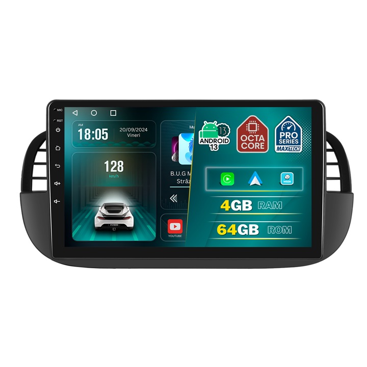 Navigatie Fiat 500 ( 2007–2015 ), MaxTech® PRO SERIES, 4 GB Ram 64 GB Rom OctaCore, Carplay & Android auto, Ecran 9 ” HD Touch, GPS, Wifi, Bluetooth, Radio, USB, EQ, DSP