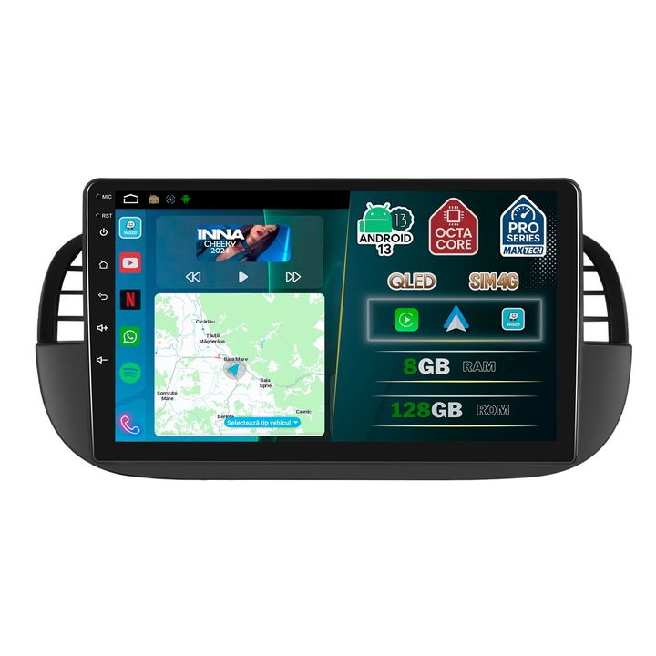 Navigatie Fiat 500 ( 2007–2015 ), MaxTech® PRO SERIES, 8 GB Ram 128 GB Rom OctaCore, Carplay & Android auto, Ecran 9” HD Touch, SIM 4G, GPS, Wifi, Bluetooth, Radio, EQ