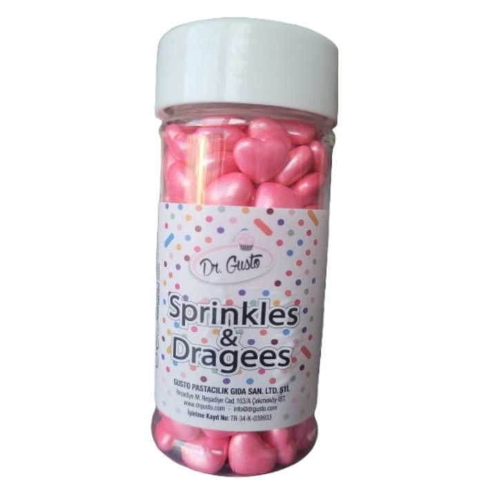 Decor din zahăr inimioare roz perlat 100g, Dr. Gusto, 7x8mm