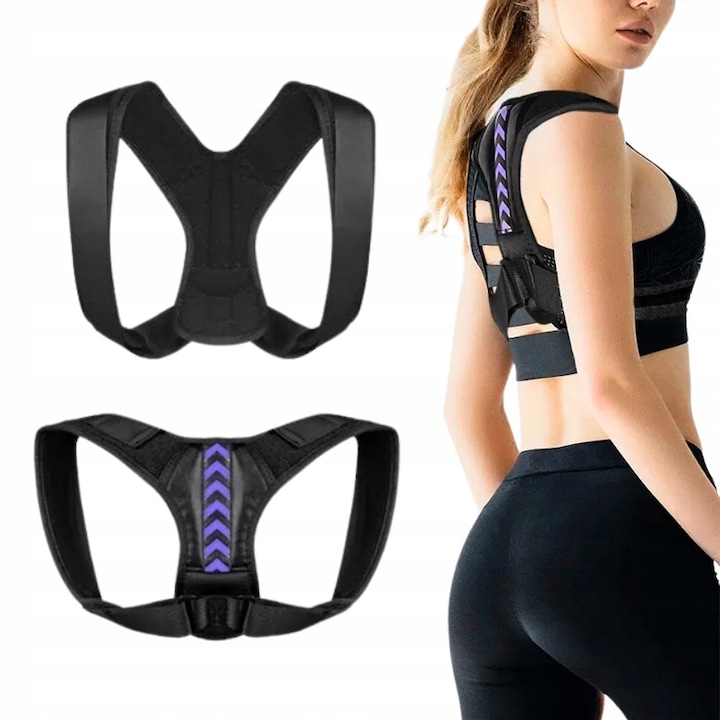 Korector postural XL, Material elastic, Negru cu elemente violet, Imbunatateste postura si confortul